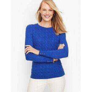 Talbots Womens M Button Cuff Blue Cable Knit Sweater Tweed Flecks Preppy Career